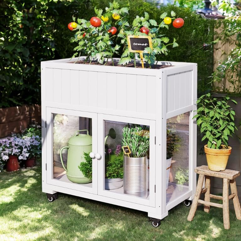 Invernadero jardinera exterior con ruedas y drenaje, mesa de cultivo elevada para hortalizas