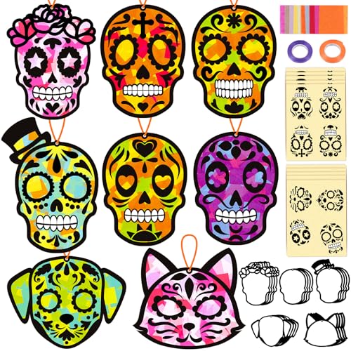 Renbuzhu 36PCS Dia De Los Muertos Crafts Bulk: Sugar Skull Paper Suncatchers DIY Kit for Day of The Dead Halloween Party Activities Decorations Window Stained Glass Effect Art Supplies