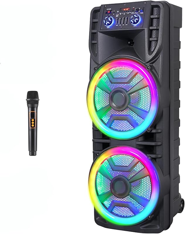 Dual 12’’ Wireless Bluetooth Party Speaker with Microphone | Portable PA Speaker System, RGB LED Party Lights, Outdoor Karaoke Machine with Treble & Bass, FM Radio/AUX/USB/TF/TWS