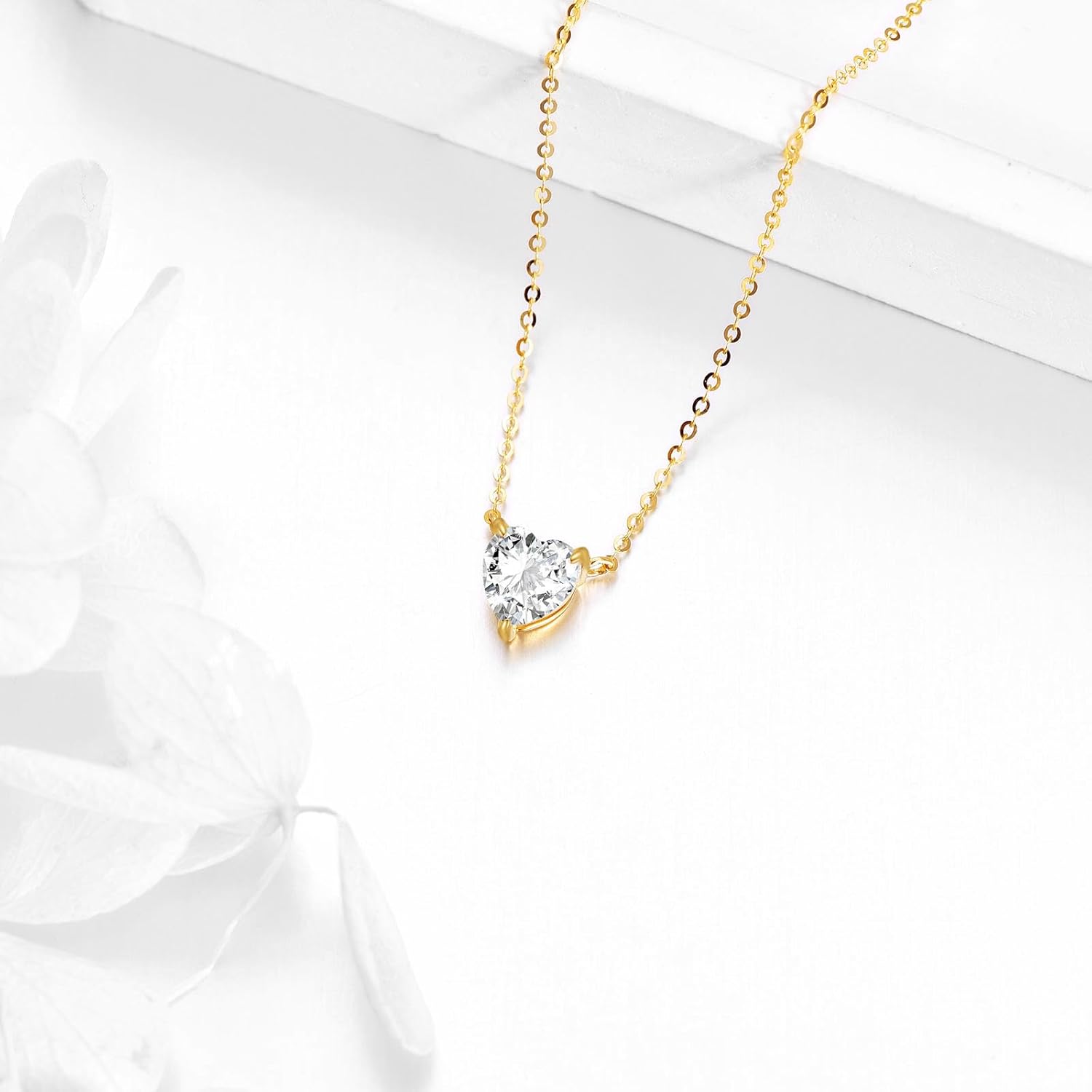 DOVRAN 14K Real Gold Moissanite Necklace for Women 3-Prong Set Heart Cut Moissanite Solitaire Simulated Diamond Choker Necklace Jewelry Gifts for Her 1ct 16+2 Inch