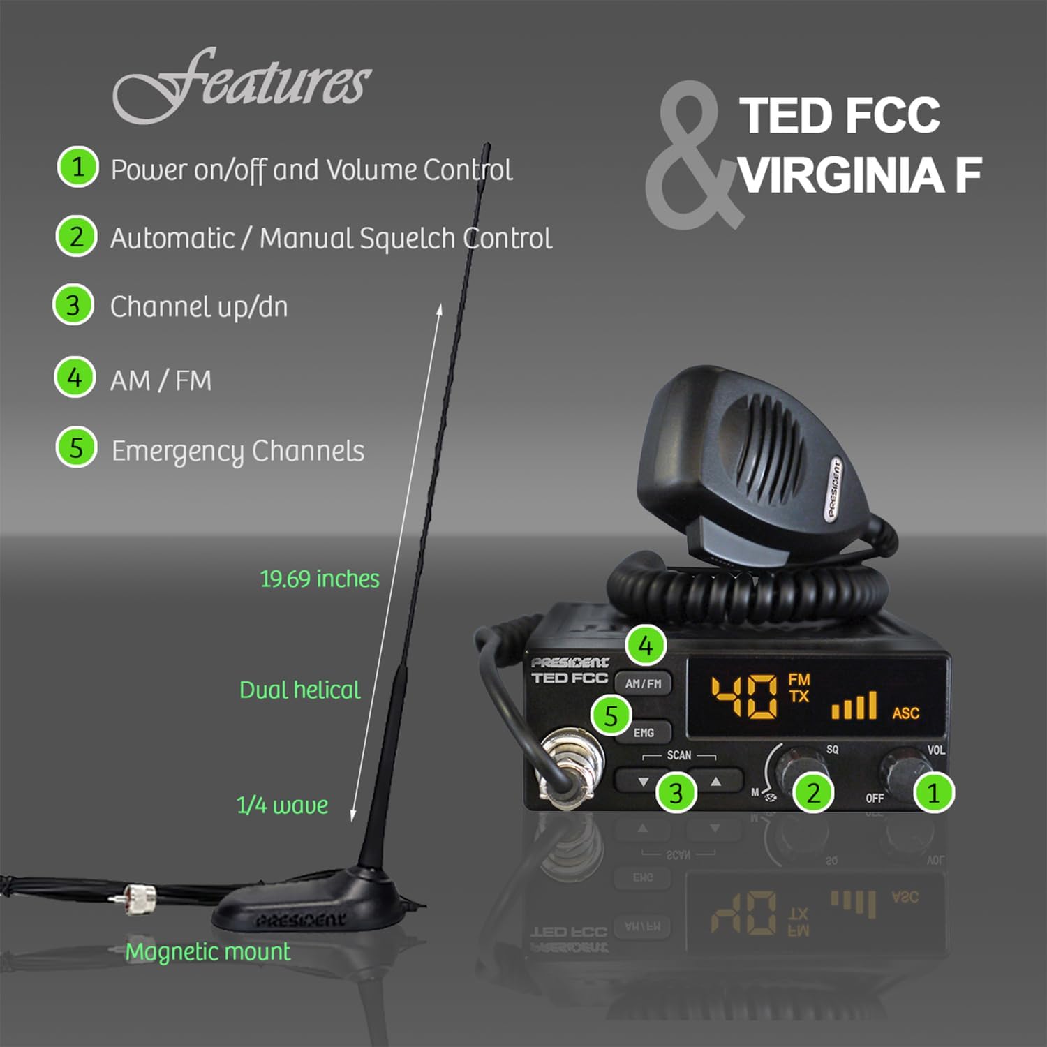 President CB Radio Starter Kit with TED FCC 40-Channel 12-Volt AM/FM CB Radio and Virginia F Magnet-Mount Antenna