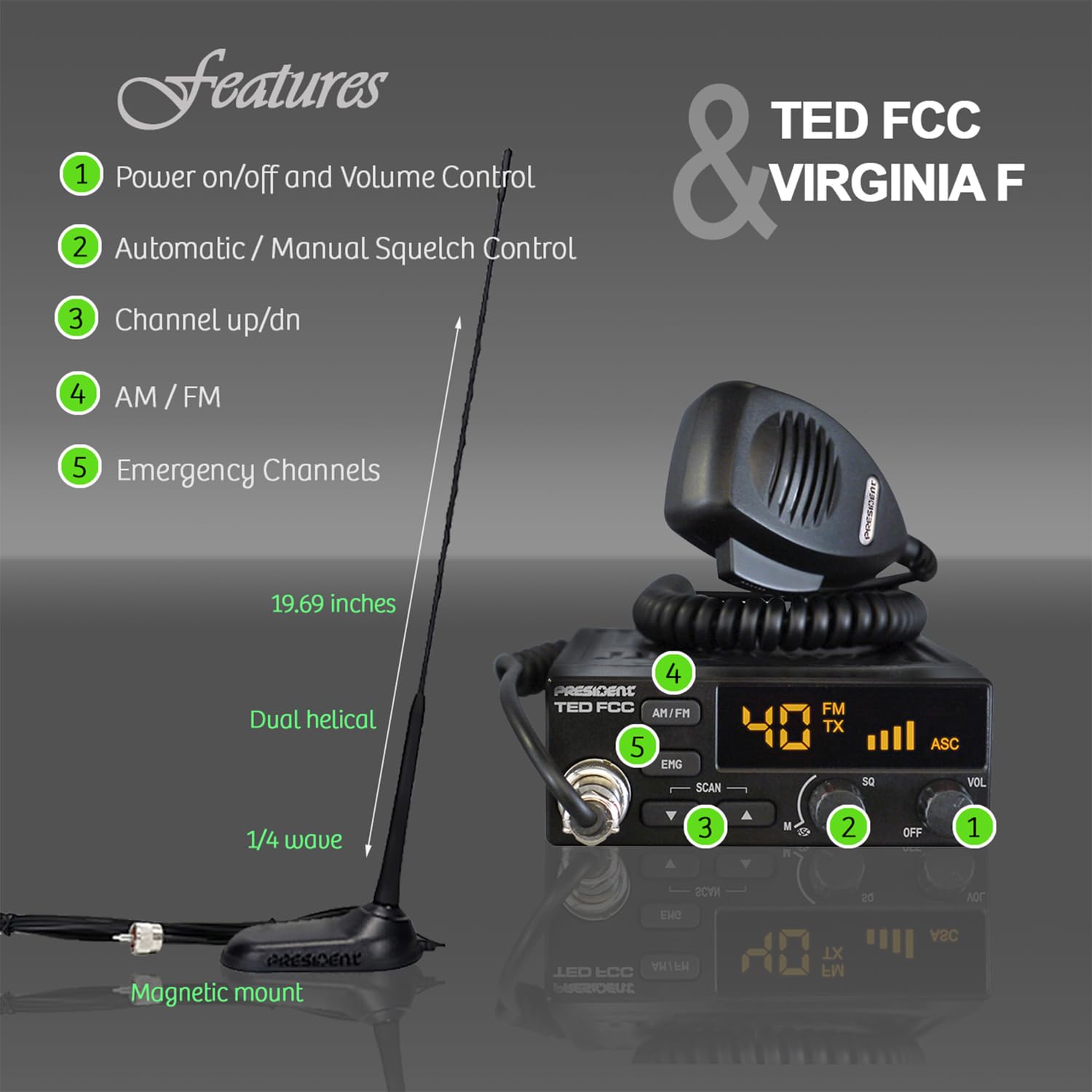 President Kit de inicio de radio CB con TED FCC de 40 canales de 12 voltios AM/FM CB Radio y antena de montaje magnético Virginia F