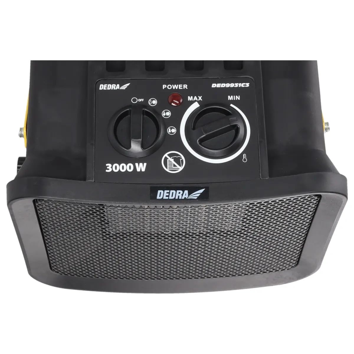 DEDRA Calefactor eléctrico PTC 3,0 kW, cuadrado, negro, con soporte, elemento calefactor cerámico, termostato, protección contra sobrecalentamiento, tres modos de funcionamiento, ángulo ajustable