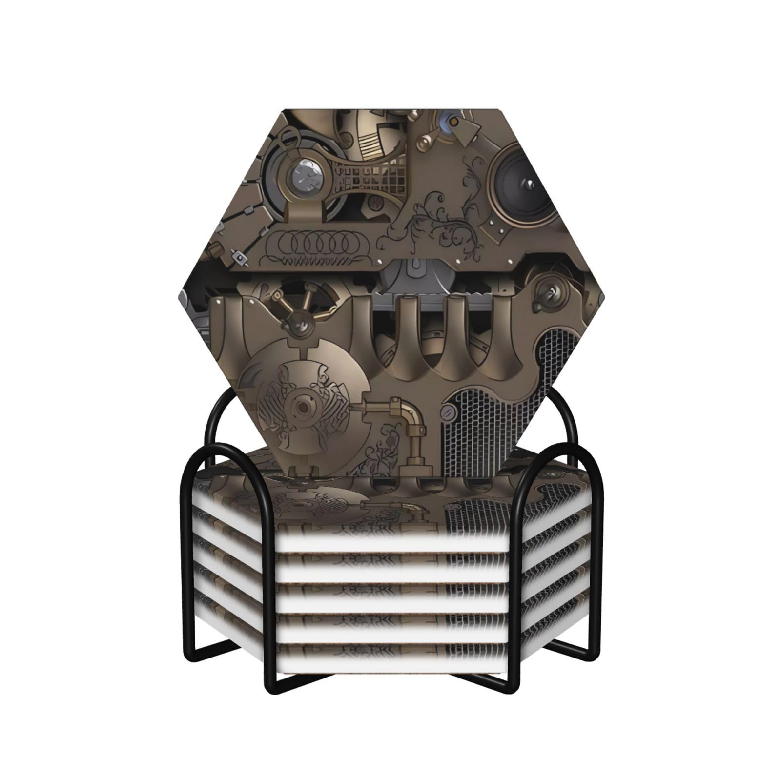 Dessous de verre en céramique et liège au style engrenage mécanique chic avec support en métal