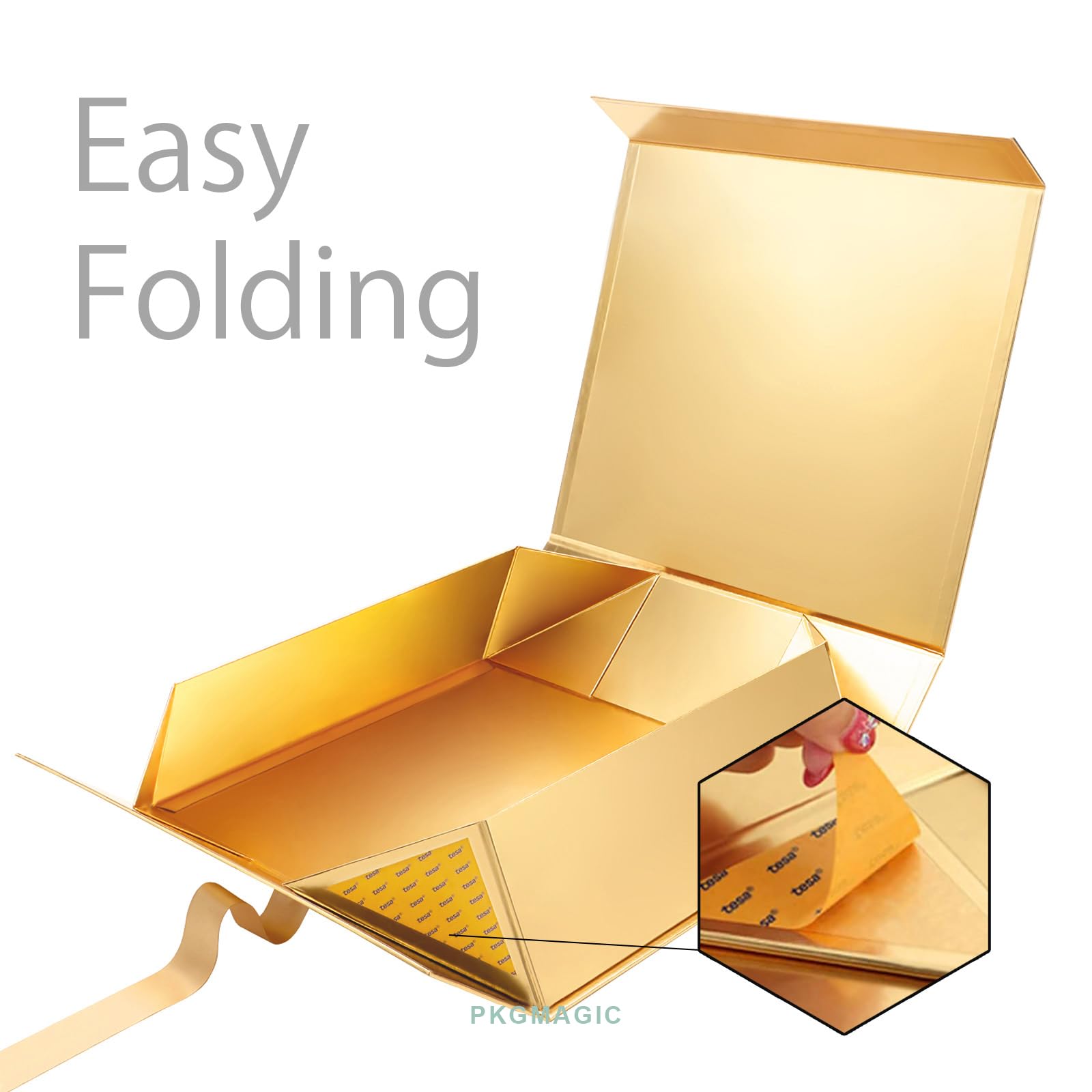 PKGMAGIC 3 x Geschenkboxen, extra groß, 41,4 x 36,07 x 12,7 cm, Geschenkboxen mit Band, extra große Geschenkboxen mit Deckel, Geschenkboxen für Kleidung und große Geschenke (Gold glänzend)