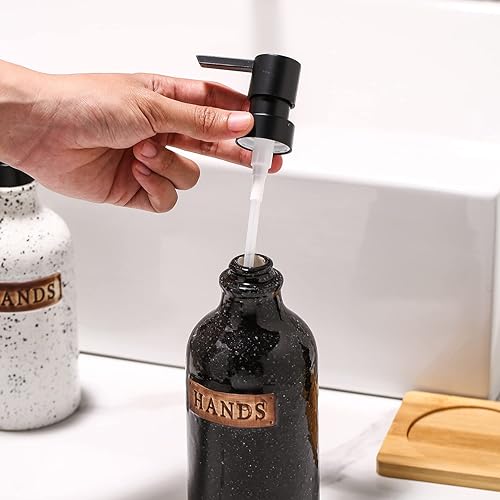 Miniatura 8 de Dispensador de jabón de manos de cerámica para decoración de baño con bandeja, embudo, botellas de bomba de líquido, dispensador de platos