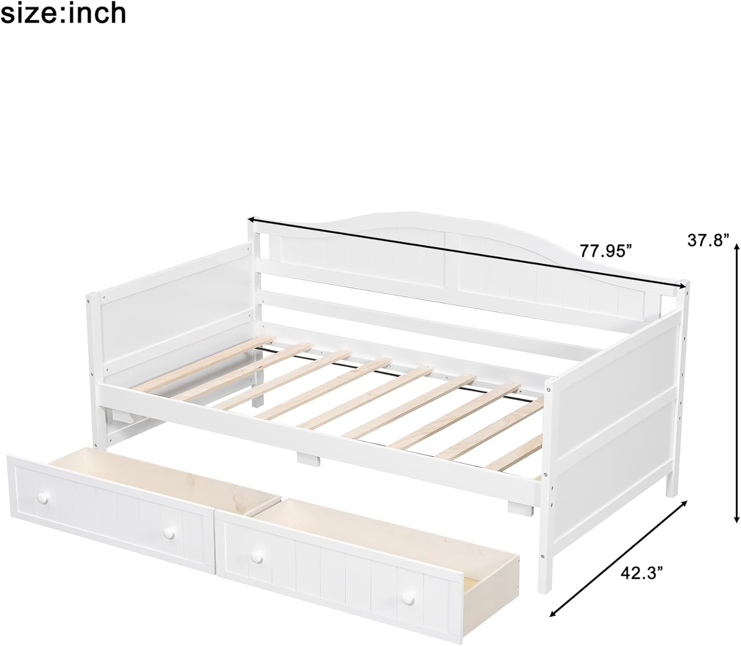 Twin Size Daybed with Two Storage Drawers,Modern Solid Wood Twin Day Bed Frame with Backrest and Armrests for Living Room Dorm,Guest Room,Office,Wood Slat Support,No Box Spring Needed,White