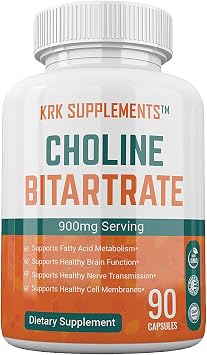 KRK Supplements Choline Bitartrate 900mg, Brain and Focus, 90 Capsules