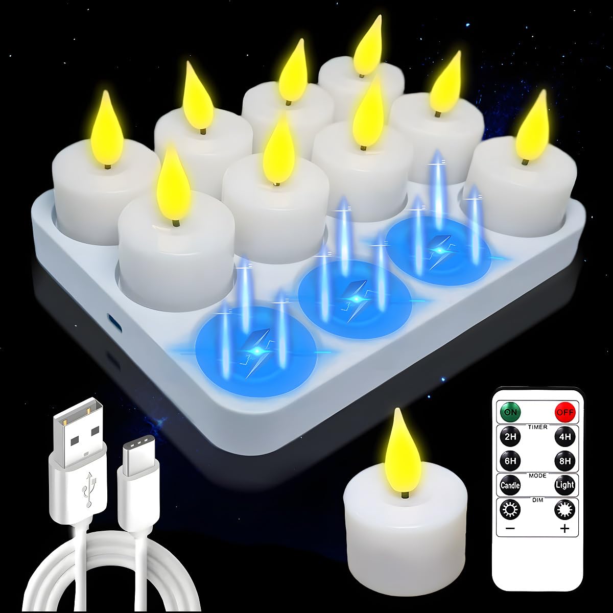 Tawd 12 Pack Rechargeable Tea Lights with Remote & Charging Base (White)