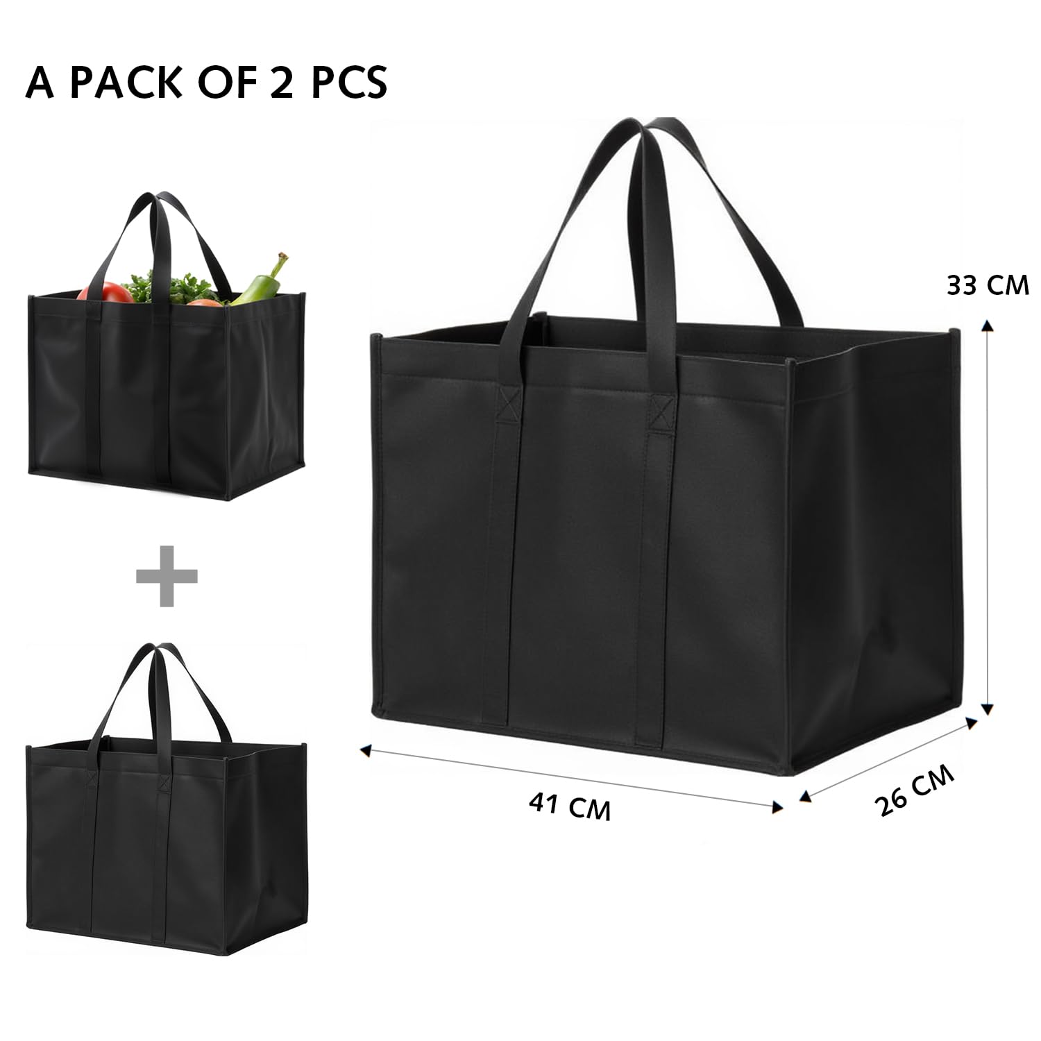 Luxiremi 2 Pcs Black Reusable Grocery Bags Shopping Bag Tote Bag with Handles Foldable Washable Stands Upright Reinforced Bag with Handle-Hold Extra Large & Durable for Daily Life Picnic - Image 4
