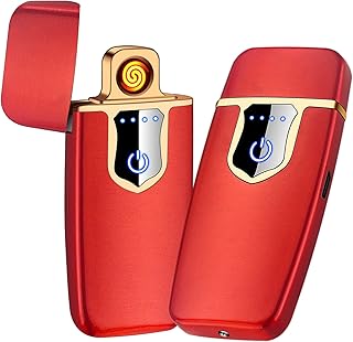 Electronic Lighter, Mini USB Rechargeable Lighter, Windproof Flameless Smart Fingerprint Double-Sided Ignition Plasma USB Rechargeable Lighter with Battery Indicator Boyfriends Father Gifts-Red