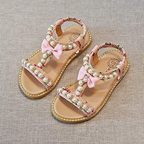 White Sandals for Girls Kids Baby Girls Sandals Bowknot Pearl Crystal Roman Sandals Princess Shoes (Pink, 29)2