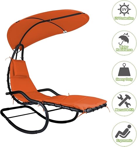 Miniatura 4 de Hamaca mecedora para exteriores, con soporte y toldo, columpio de porche con cojín suave y reposacabezas extraíble, silla mecedora reclinable al
