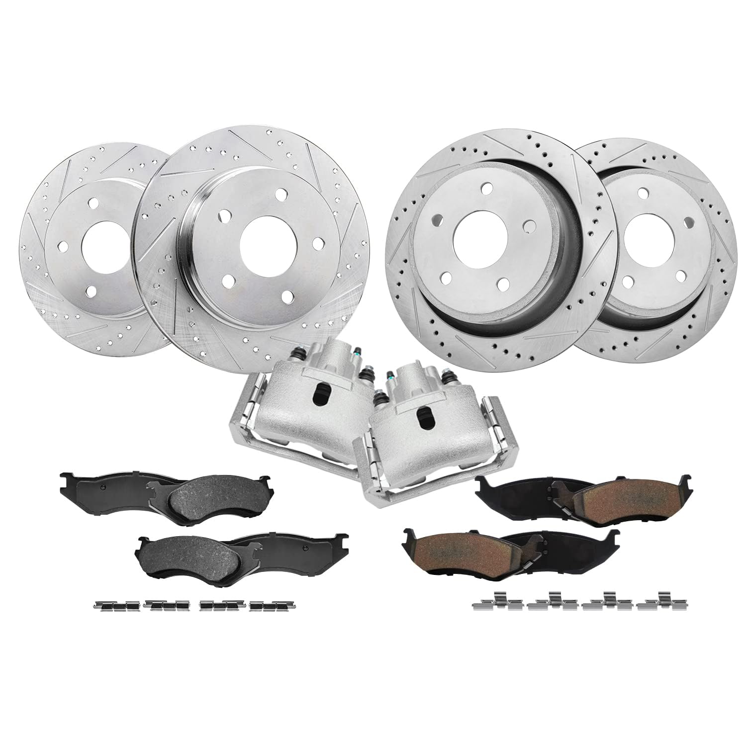 Detroit Axle - Brake Kit for 2002-2005 Dodge Ram 1500, 2004-2006 Durango | Drilled &amp; Slotted Brake Rotors Ceramic Brake Pads Rear Brake Calipers Replacement 13.23 inch Front &amp; 13.86 inch Rear