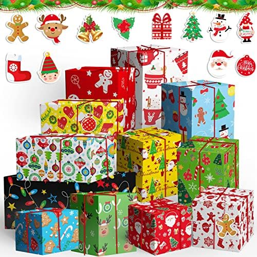 Christmas Wrapping Paper 12 Sheets Kids Christmas Gift Wrapping Paper with Tags Cute Christmas Gift Wrapping Paper Decorations Colourful Xmas Wrapping Paper for Children Christmas Party Decor