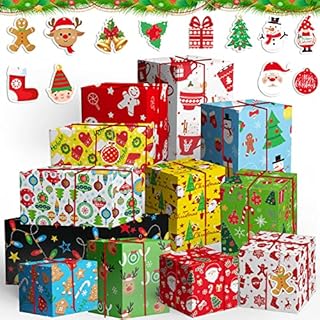 Christmas Wrapping Paper 12 Sheets Kids Christmas Gift Wrapping Paper with Tags Cute Christmas Gift Wrapping Paper Decorations Colourful Xmas Wrapping Paper for Children Christmas Party Decor