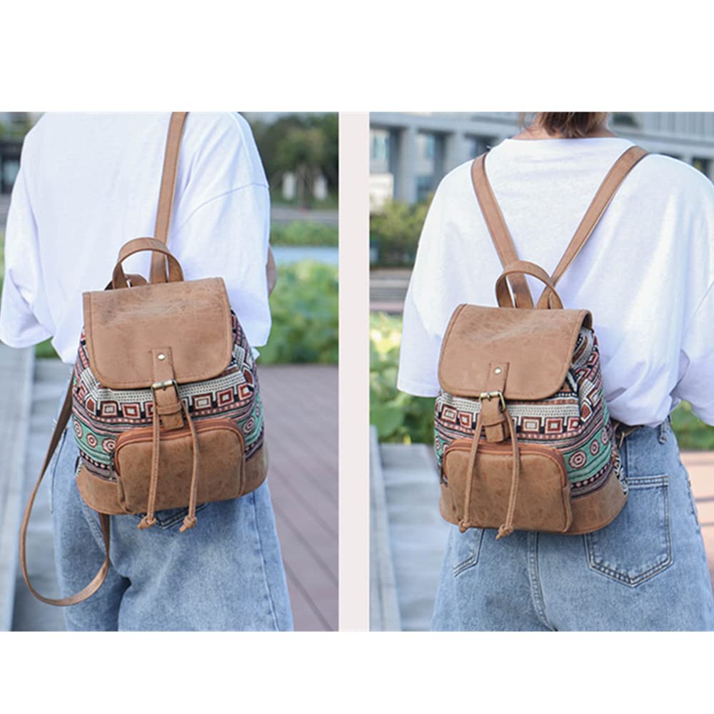 Mochila Bohemia Moda la Mochila de Lona y Cuero Impermeable Pequeño Mochila de Hombro con Correa de Hombro Ajustable para Compras Citas Fiestas Vacaciones Viajes al aire Libre
