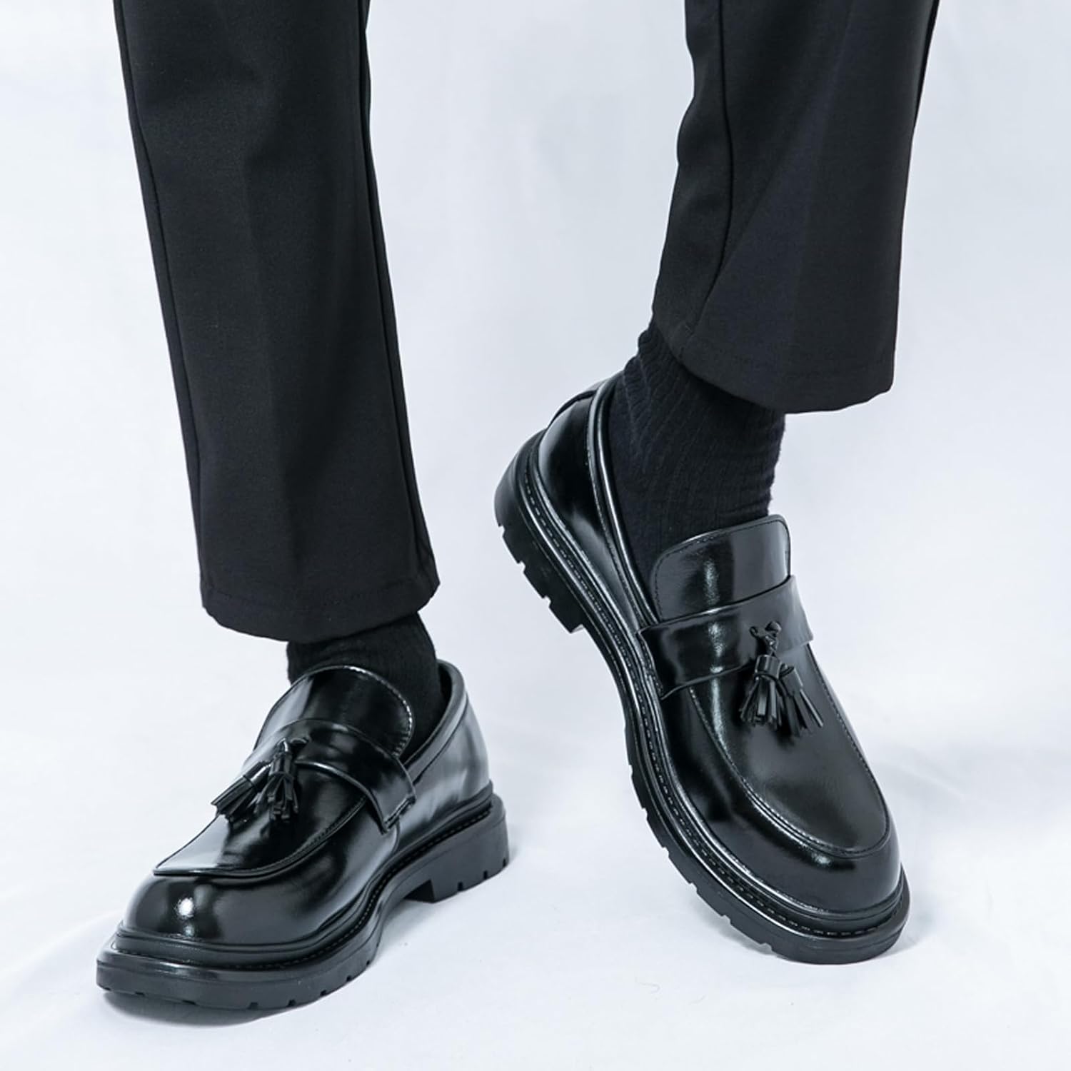 Men's Leather Chunky Platform Tassel Loafers Comfortable Round Toe Slip-On Dress Shoes with Non-Slip Lug Sole for Business Work & Daily Casual Wear Sizes 6-12