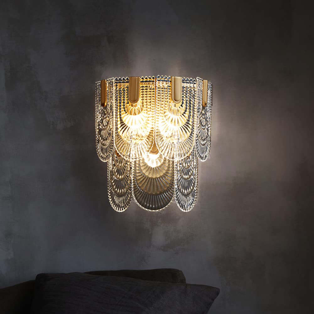 ZTCHSENZT Wall Sconces, Nordic 3 Light Wall Sconce with Patterned Glass Bathroom Wall Lamp in Brushed Brass Finish Gold Wall Lighting Fixture, Nightstand Lamps Bedroom Wall Lamps