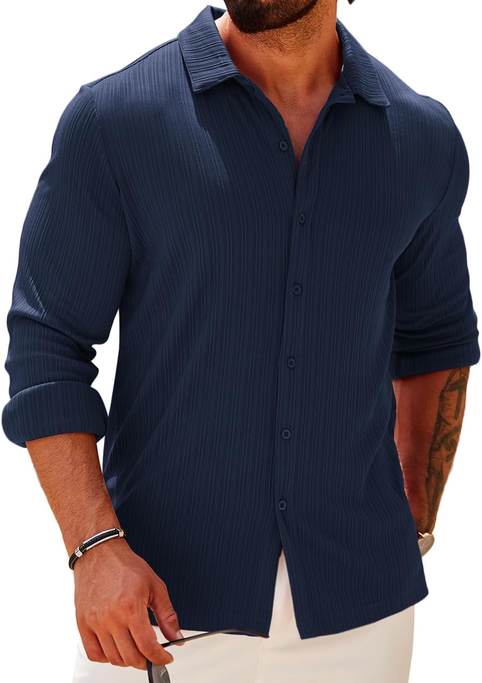 COOFANDY Athletic Fit Dress Shirts for Men Ribbed Knit Textured Button Down Shirts - Amazon product rated Grade A