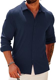 Athletic Fit Dress Shirts for Men Ribbed Knit Textured Button Down Shirts