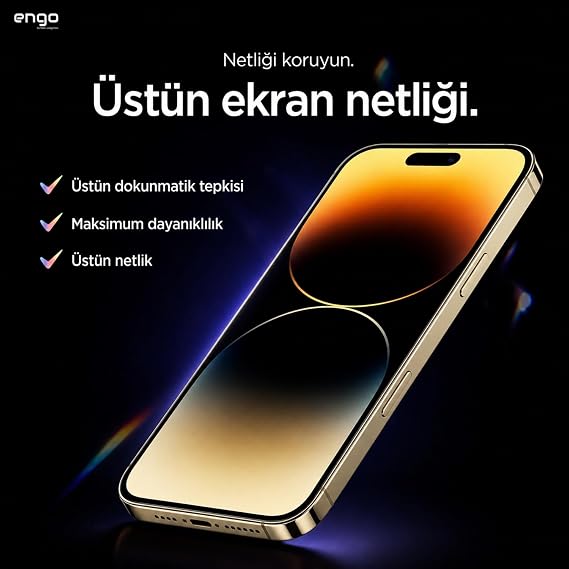 Engo Apple iPhone 14 Pro İle Uyumlu Ekran Koruyucu Şeffaf, Dayanıklı Esnek Yapılı Kırılmaz 9h Nano Cam Koruma
