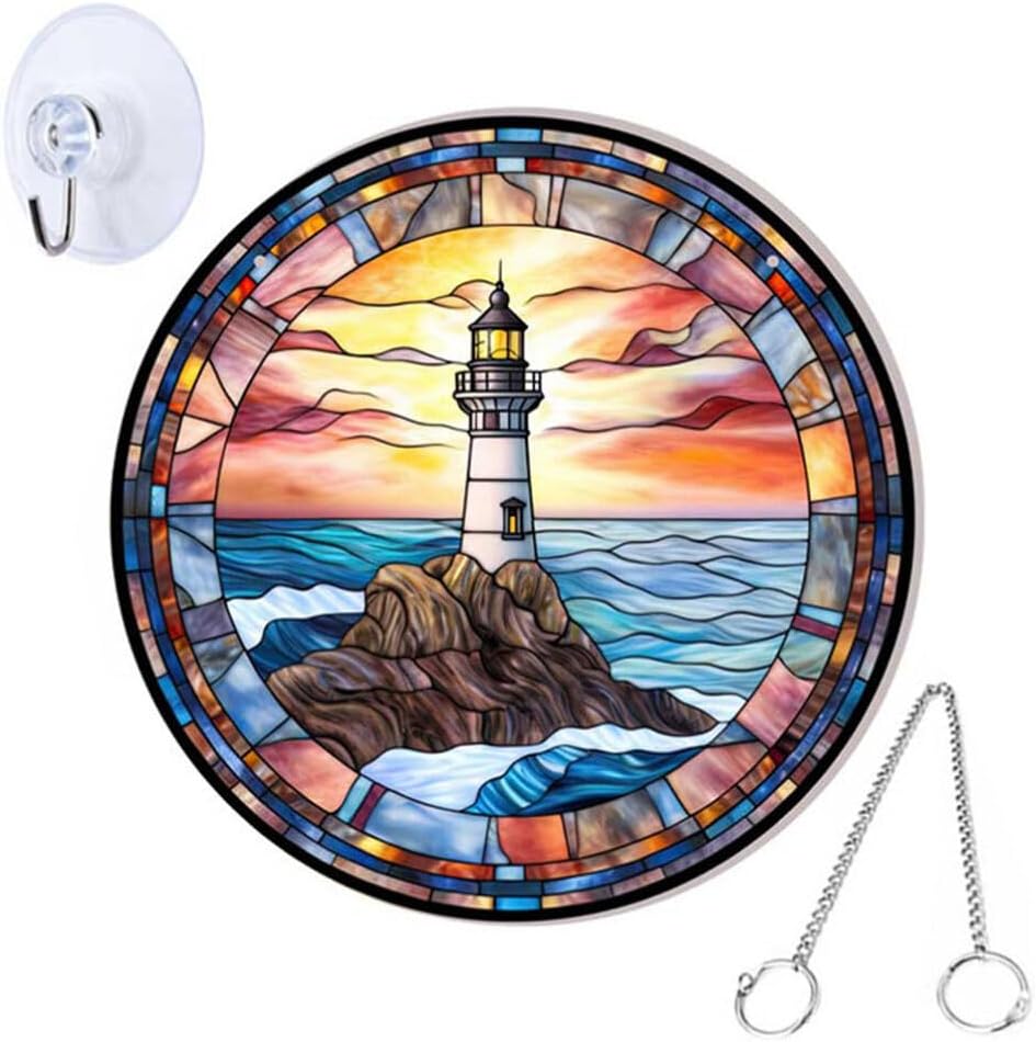 Amosfun Lighthouse Wall Hanging Ornament Round Sign Plaque 7.87" Coastal Hanging Decor with Chain and Suction Hook for Porch Window Indoor Decoration
