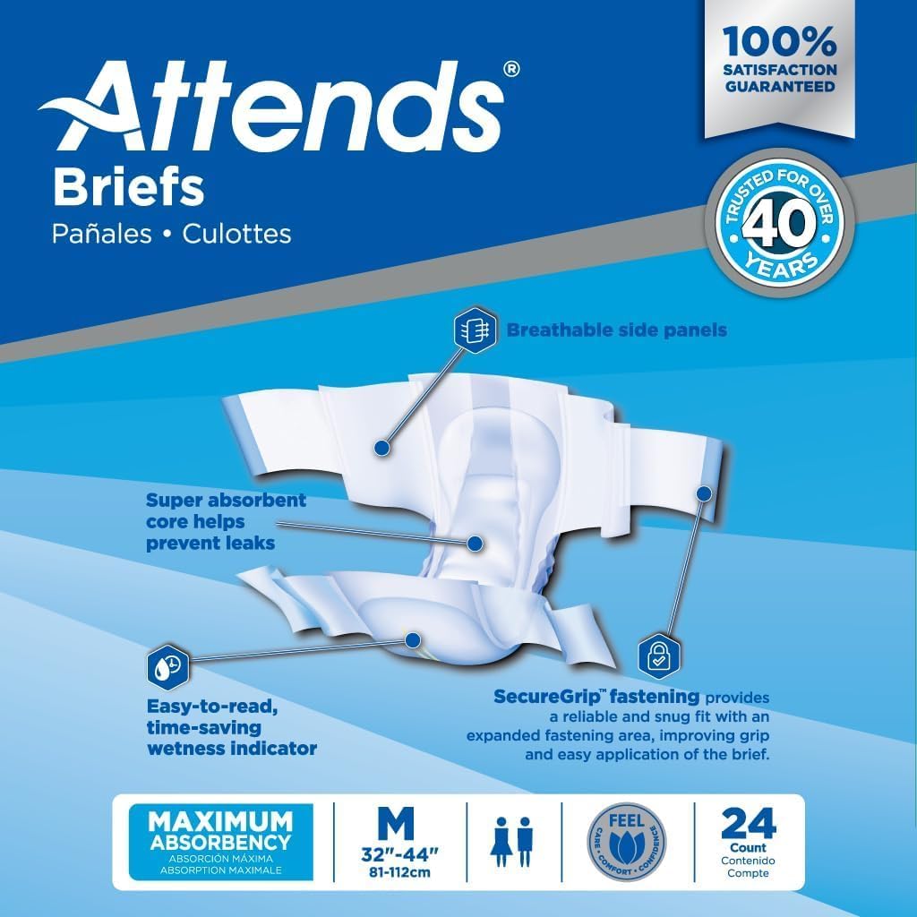 Attends Incontinence Care Breathable Briefs for Adults, Medium, 24 Count (Pack of 4)