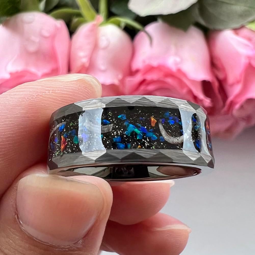 TUTISS 8mm Hammered Tungsten Rings for Men Women Engagement Wedding Bands Geunine Opal Meteorite Inlay Matte Finish Comfort Fit