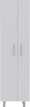 FM FURNITURE White Broom Closet Pantry Cabinet, Manufactured Wood, Tall Storage Cabinet with Shelves, Double Door Pantry