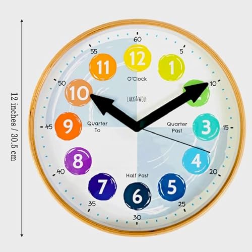 Telling Time Teaching Clock For Kids Learn To Tell The Time 12" Wooden Frame, Analog Silent Nonticking Kids Room, Playroom Decor, Classroom Clock. Homeschool Learning Resource. Learning Time Resource #TOP3
