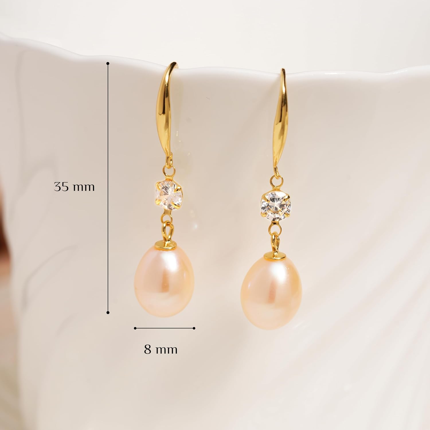 Pearl Drop Earrings for Women, Gold Plated & 925 Sterling Silver, Pink & White Dangle Earrings, Dainty Cute Elegant Bridal Wedding Gift for Her - Image 2
