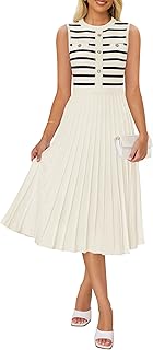ZESICA Women's Sleeveless Striped Midi Dress Summer Crewneck Button Knit Swing Pleated A Line Casual Dresses