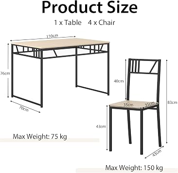 COSTWAY Dining Table and Chairs Set 4, Wood Effect Rectangular Kitchen Table and 4 Chairs with Curved Back, Metal Frame Space Saving Home Dining Room Furniture Set (Natural)