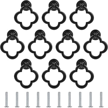 Drawer Pulls Rings, 10Pcs Zinc Alloy Pulls Ring Knobs Metal Ring Pull Handle Single Hole Furniture Cabinet Ring Pulls with Screws for Dresser Cupboard Black Four Leaf Clover