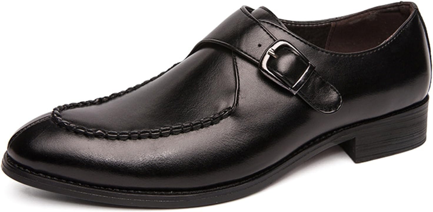 Men's Monk Strap Dress Shoes Formal Business Slip-On Leather Shoes Pointed Toe for Casual Wedding Work