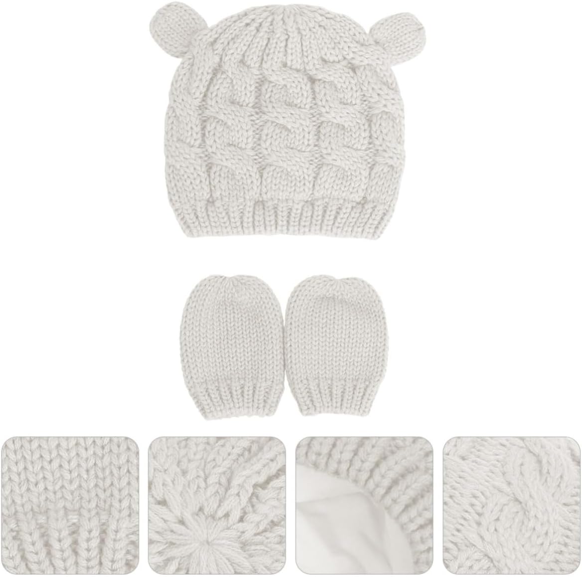 Knitted Wool Hat and Gloves Set for Autumn and Winter, Skin-Friendly Warm White Beanie Cap with Classic Knitting Design, Gift for Newborn Boys