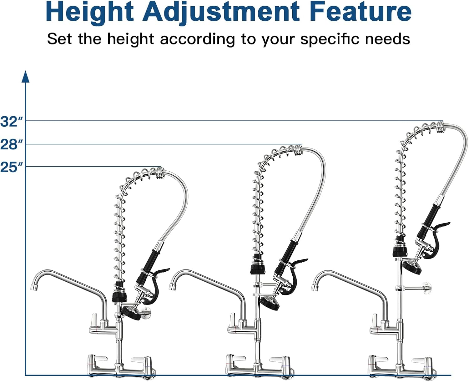 Height Adjustable Commercial Sink Faucet: BESTJEEF (25-32 inch) 8 inch Center Wall Mount Industrial Kitchen Faucet with Pre Rinse Sprayer - Ideal for Restaurants Cafes Bakery Canteens Cafeterias Adjustable 25-32 inches with 10inch Spout