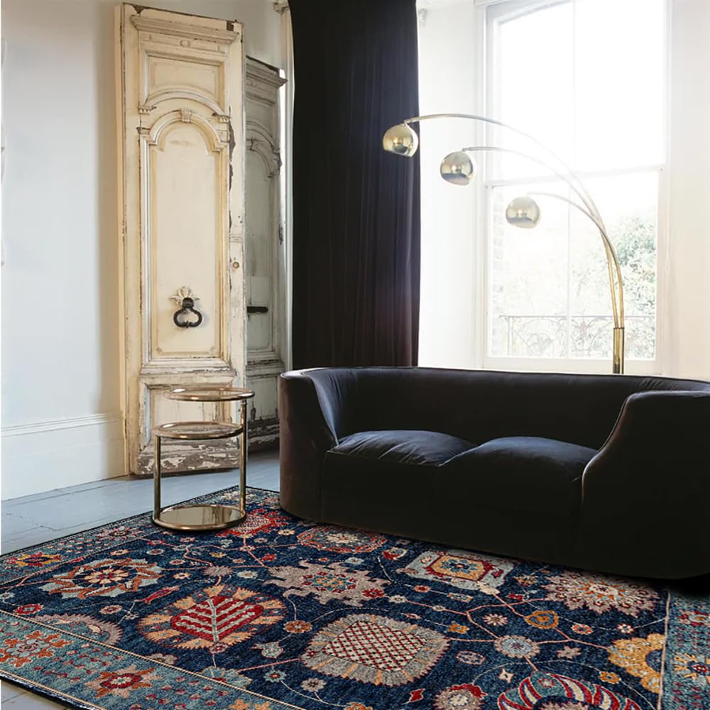 Tapis salon lavable 200x290cm antidérapant et moelleux bleu marine moderne