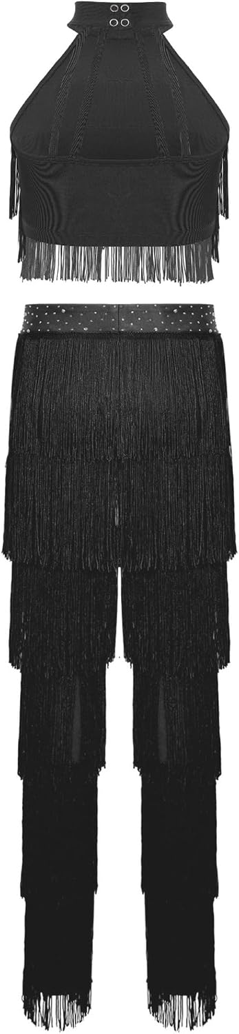 Kids Girls 2 Piece Latin Ballroom Dance Outfit Halter Tassel Top and Fringe Pants Modern Salsa Dancewear Black 16 Years