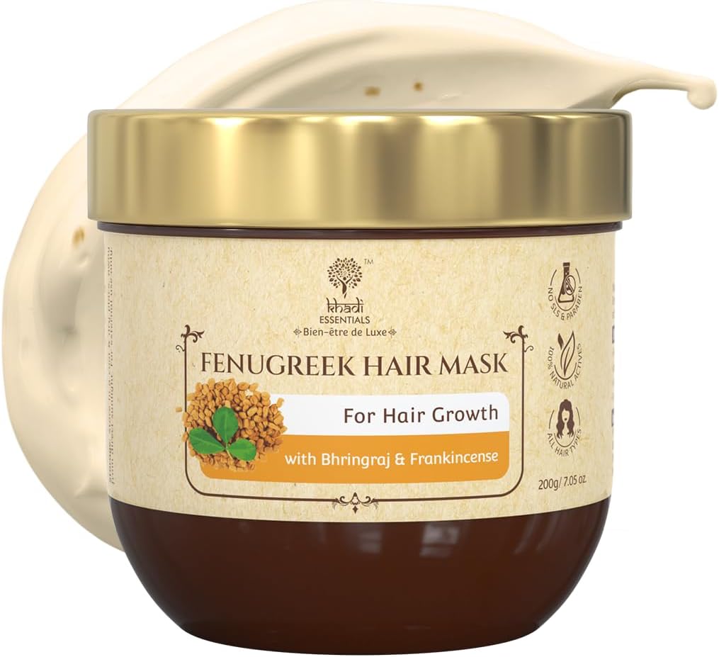 Khadi Essentials Methi Hair Growth Mask with For Dry, Damaged, Frizzy Hair And Hair Fall Control With Frankincense, Vetiver Essential Oil, 100gm SLS Paraben Free