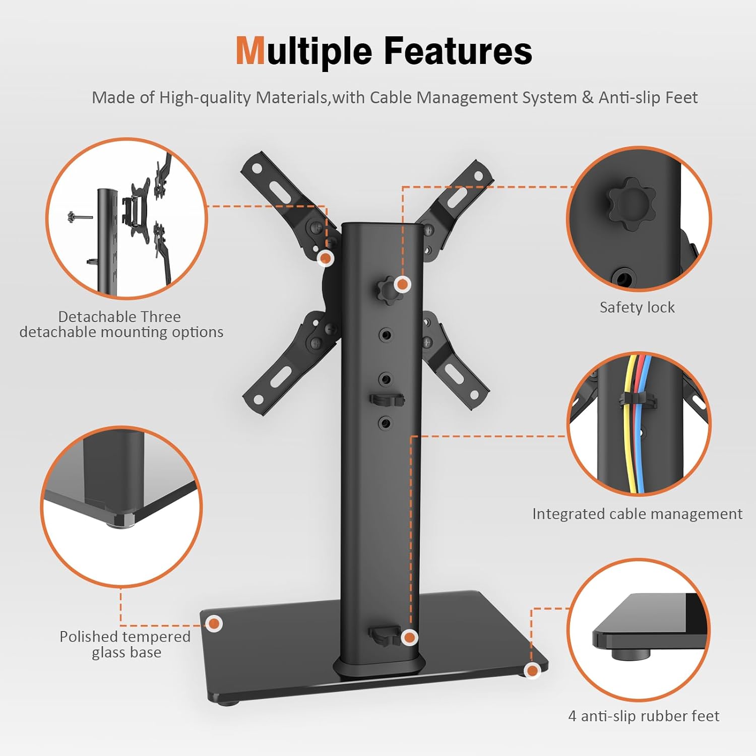 Diagram showing the assembly of the TV stand components, including the tempered glass base, support pillar, and mounting bracket.