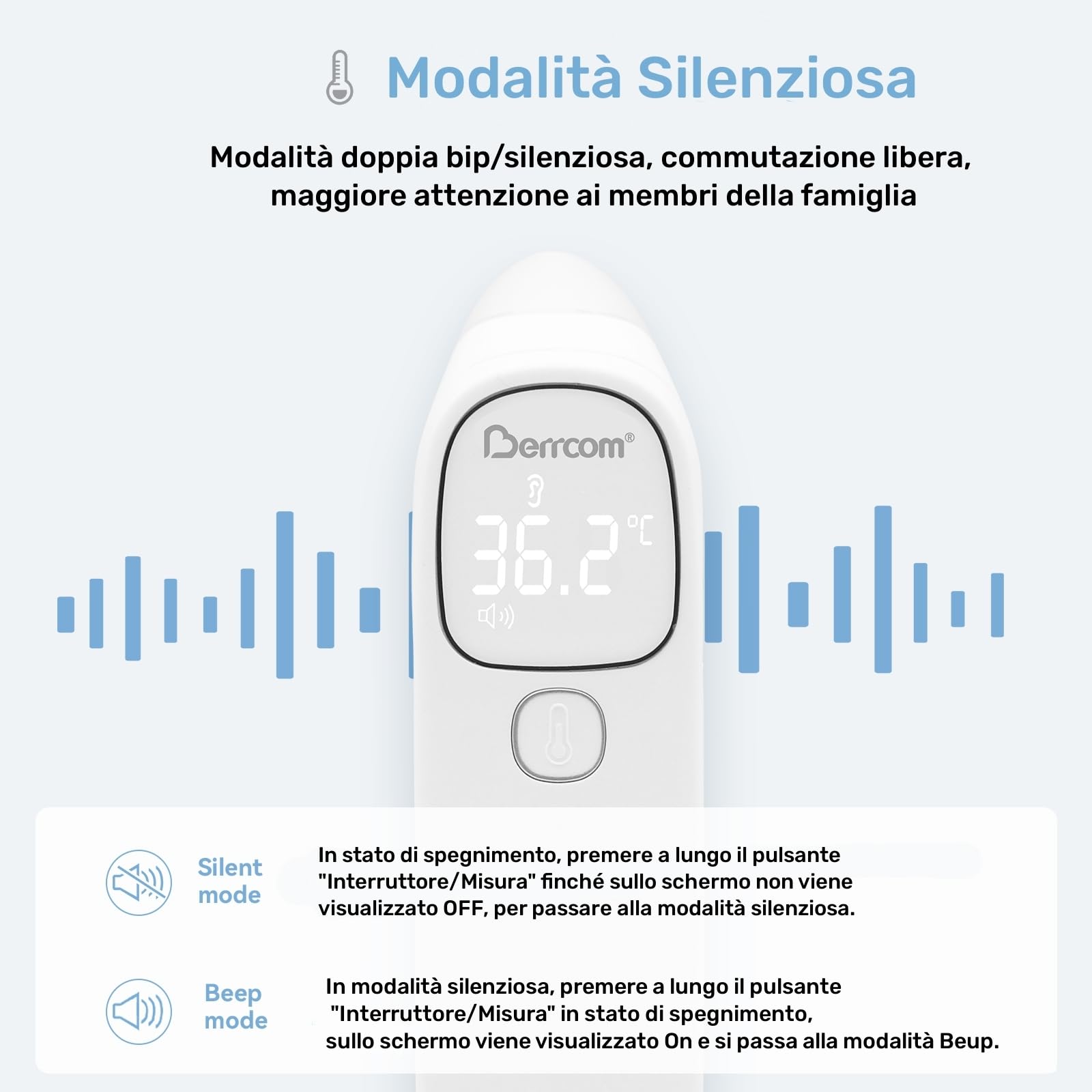 Berrcom Termometro Fronte e Orecchio Termometro Febbre Infrarossi Senza Contatto Termometro Neonato Digitale con Lettura Istantanea, Interruttore °C/°F, Allarme Febbre
