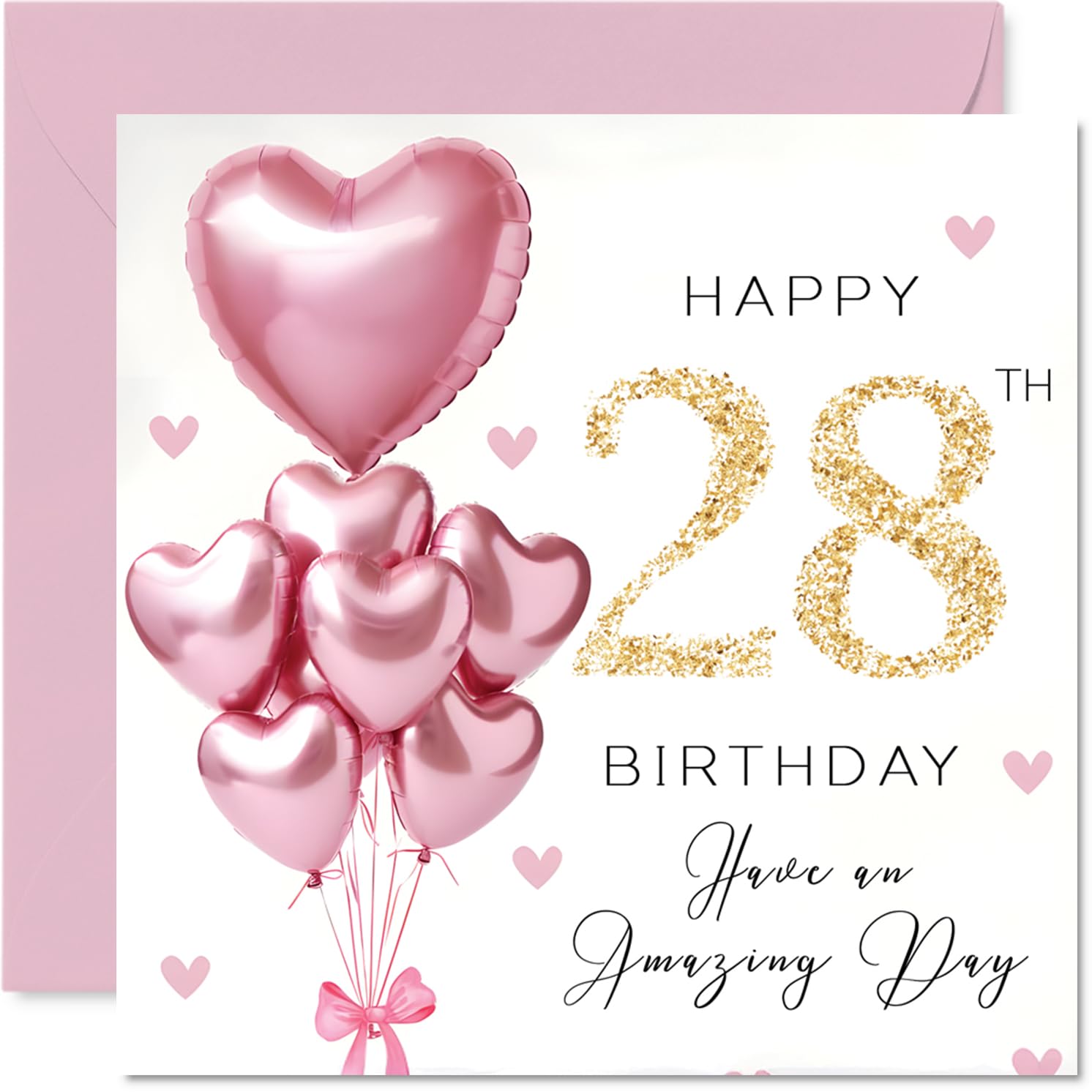 28th Birthday Cards for Women, Pink Glitter Balloons