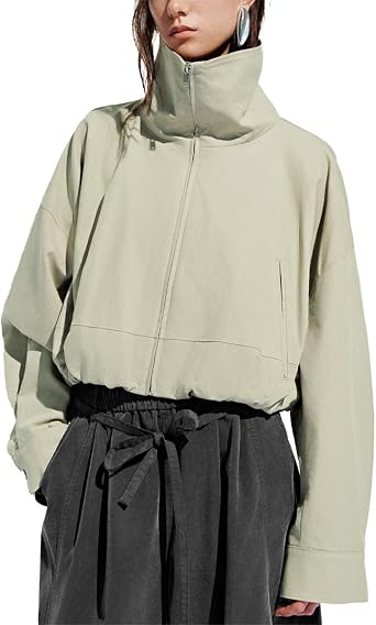 URBAN REVIVO Beige Cotton Jacket for Women, Stand Collar Zip Front Casual Sporty Coat
