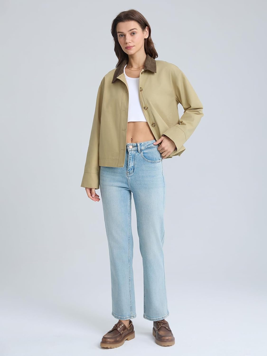 D-Sun Cropped Trench Coat Women Single Breasted Contrast Collar Oversized Casual Jacket with Checkered Lining - Image 6