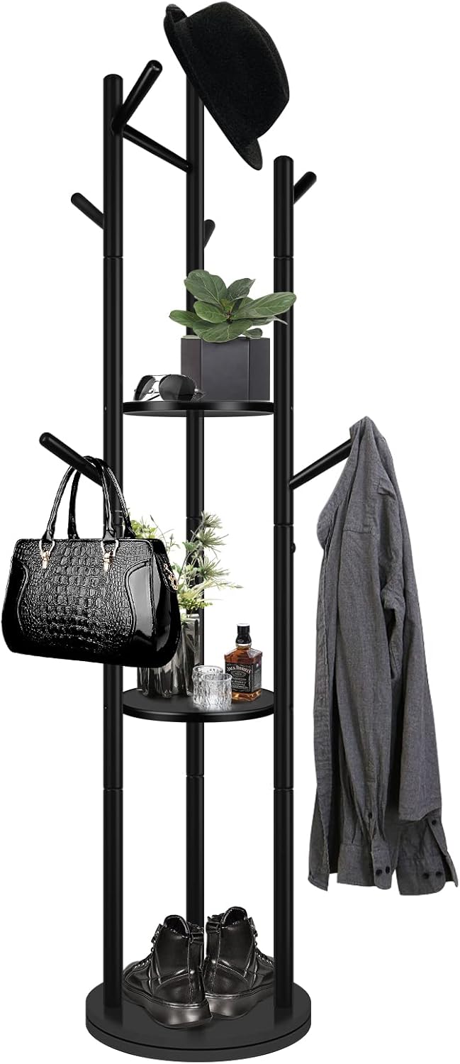 SEANTUA Rotary Coat Rack Stand, Wooden Tree Coat Rack Stand with 3