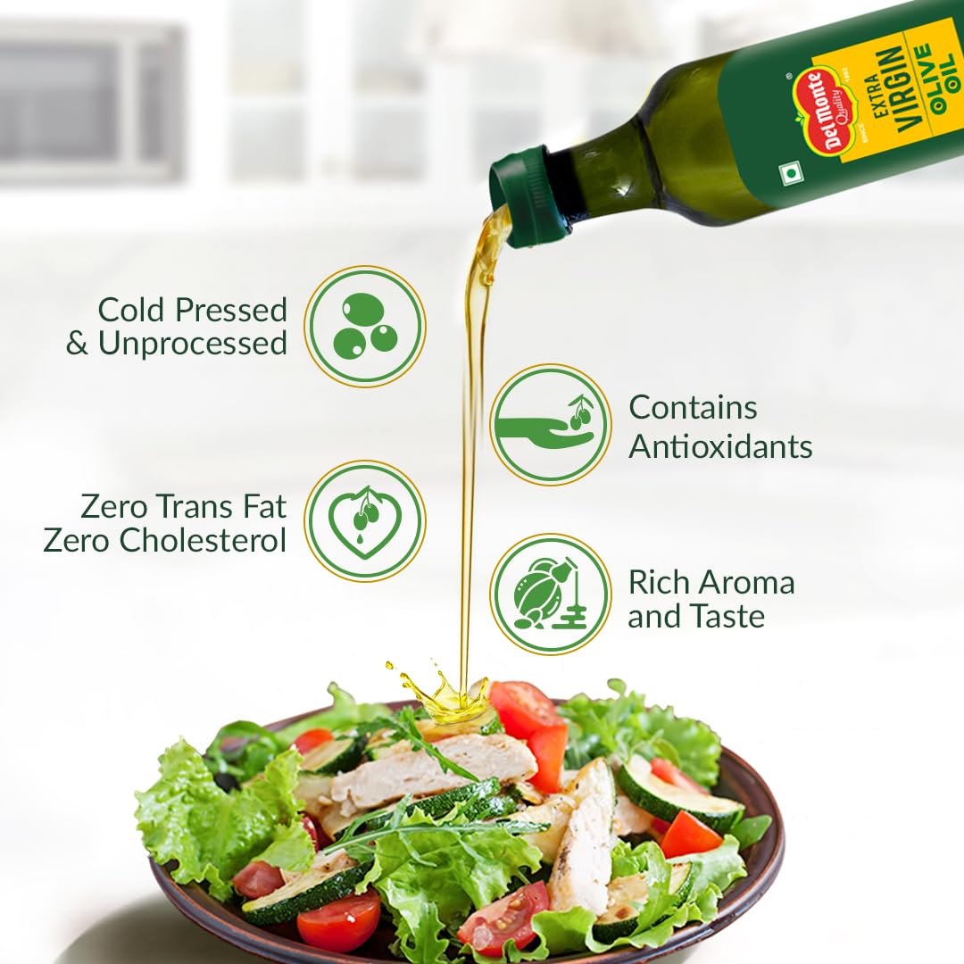 Del Monte Extra Virgin Olive Oil (Imported) 250ml| Cold Extracted | Ideal for Salad Dressing, Paratha & Marinating | Cholesterol & Trans Fat-Free, Natural Antioxidants, Rich in Vitamin E & K 2