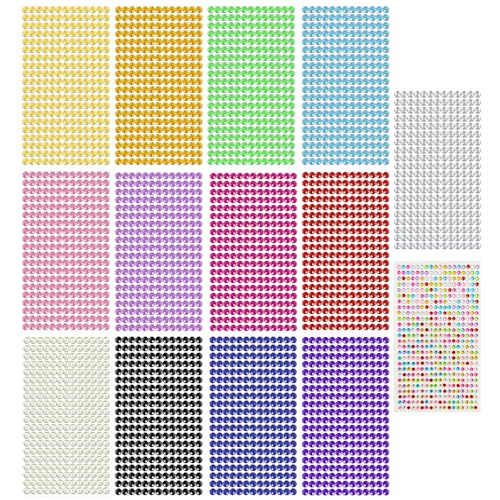 VEGCOO 3640 Stück Glitzersteine Selbstklebend, Bunte Halbrunde Perlen Gesichts Make Up Nagelkunst Bastelperlen Heimdekoration DIY Scrapbooking Schmuck 6 MM