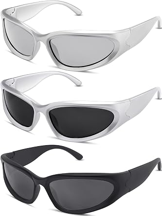 milramtob 3 Pairs Y2K Wrap Around Sunglasses Trendy Silver Glasses Oval Black Shades Sporty Futuristic Aesthetic for Women Men Rave